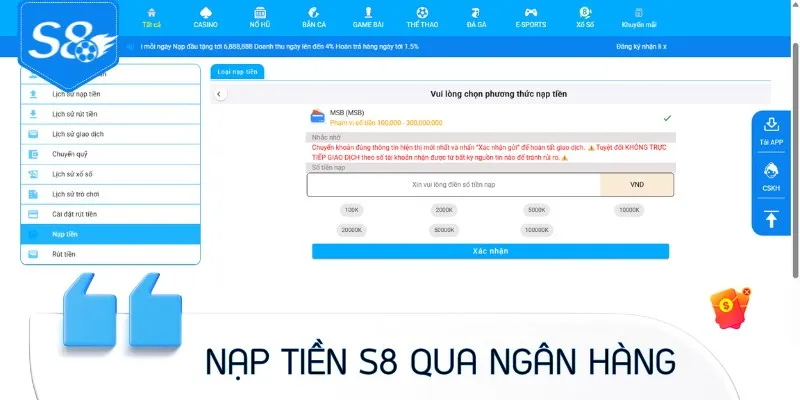 Cách nạp tiền S8 qua chuyển khoản ngân hàng