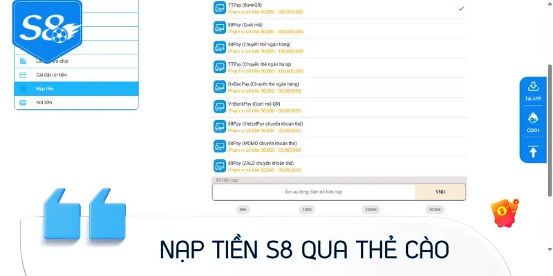Cách nạp tiền vào S8 qua thẻ cào điện thoại