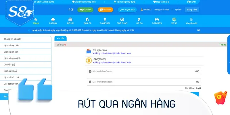Hướng dẫn cách rút tiền S8 về Ngân hàng