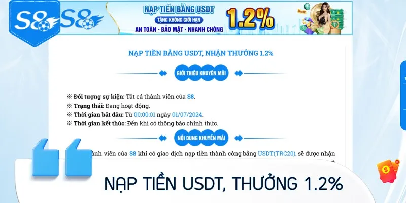 Nạp tiền USDT, thưởng lớn tới 1.2% không giới hạn