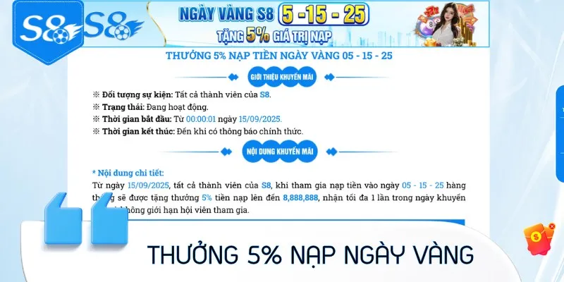Thưởng 5% nạp tiền mỗi ngày vàng (15 - 25)
